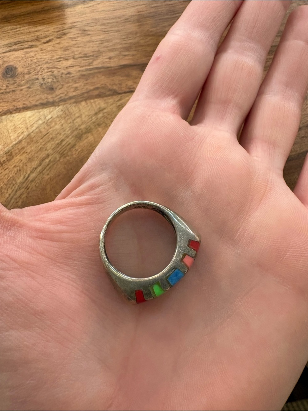Vintage Colorful Sterling Silver With Striped Inlay Stones - Size 7.5 - Picture 10 of 14